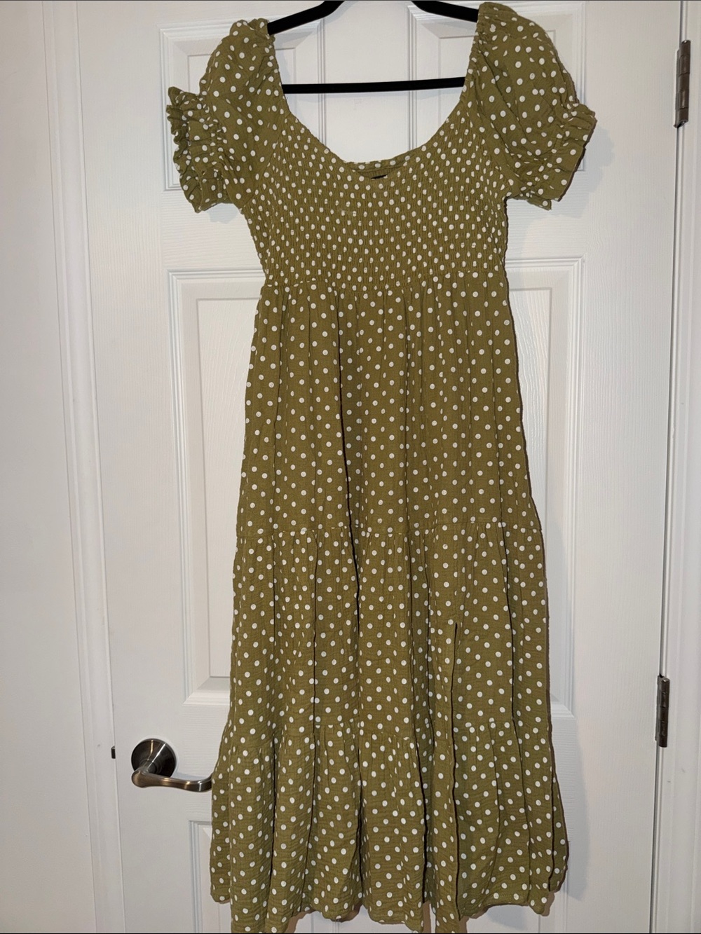 Olive Green Polka Dot Midi Dress with Smocked Bodice
